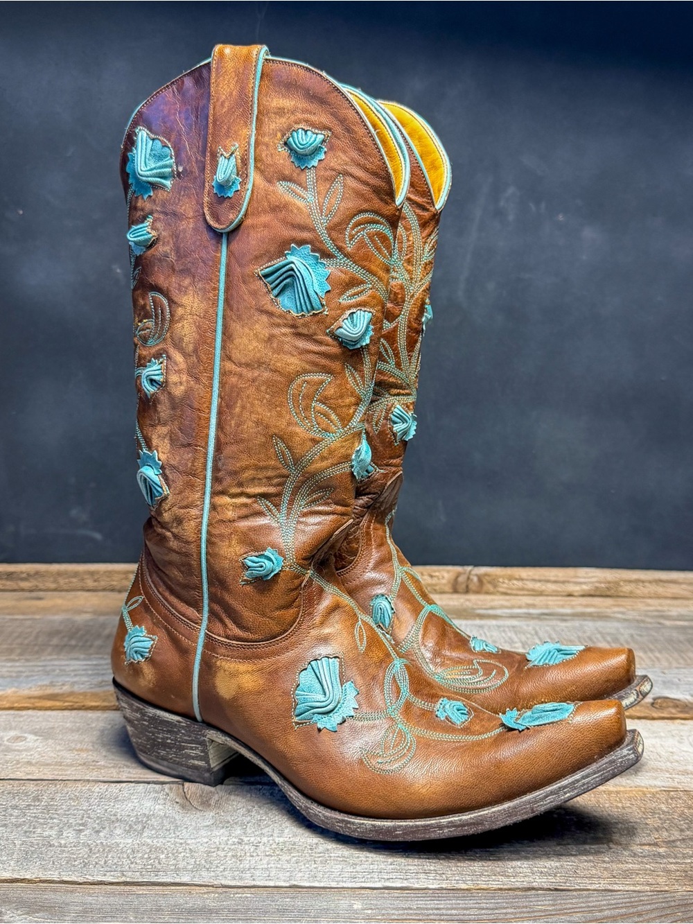 Old Gringo Embroidered Tall Leather Cowgirl Boots - Brown with Turquoise Accent - Picture 4 of 11